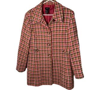 Vintage RQT Houndstooth Coat Jacket Tweed Plaid Boucle Pink‎ Women 14 Clueless